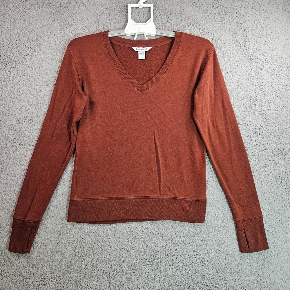 Athleta Sweater‎ Top Women Size XS V-Neck Long Sleeve Thumb Nail Chocolate -XS